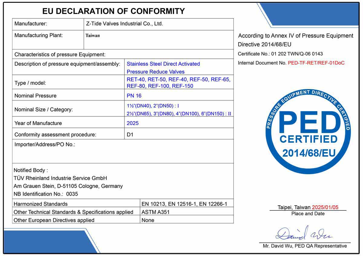 Z-Tide Direct Acting pressure reducing valves comply with Pressure Equipment Directive